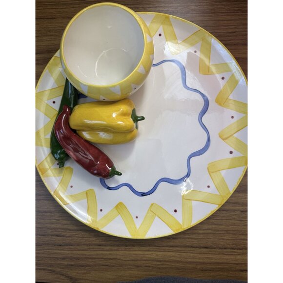 Vintage Cali Ceramic Chips & Dip Plate Set With Pepper Design & Yellow Zigzag Pa - Picture 2 of 6